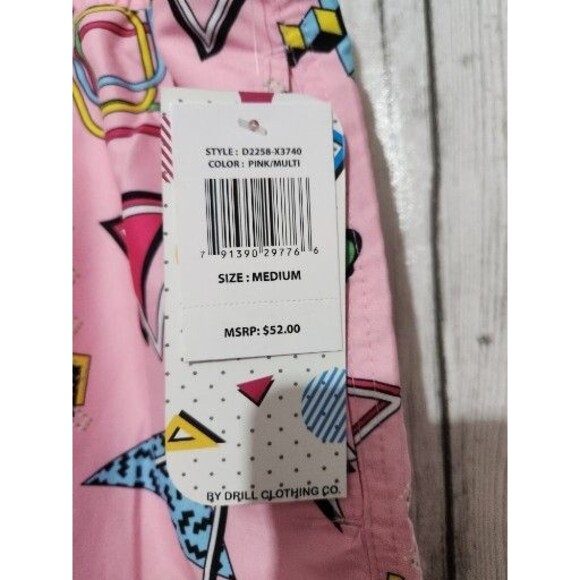 Mens Swim Trunks Medium Pink Geometric Shapes Drawstring Pockets Elastic Waist - Picture 2 of 6